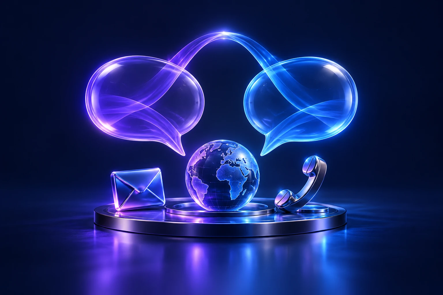 Connected conversation bubbles, envelope and globe representing a useful first discussion